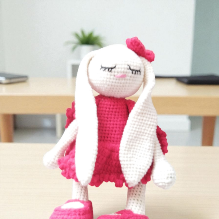 В'язаний Білий Зайчик Ручної Роботи 25-26 см, Напівбавовна, Гіпоалергенний, У Червоному Платтячку (Незнімний Одяг) - Зображення 3