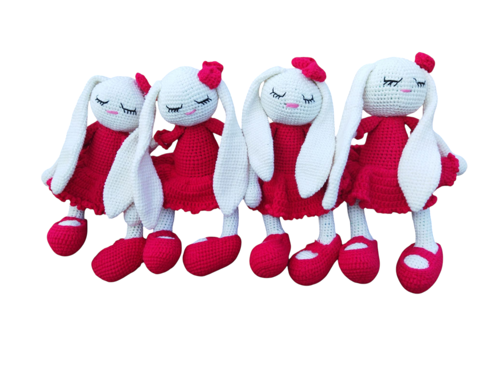 В'язаний Білий Зайчик Ручної Роботи 25-26 см, Напівбавовна, Гіпоалергенний, У Червоному Платтячку (Незнімний Одяг) - Зображення 4